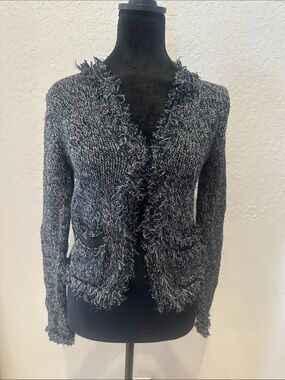 Express Black & Gray Fringed Open-Front Knit Cardigan